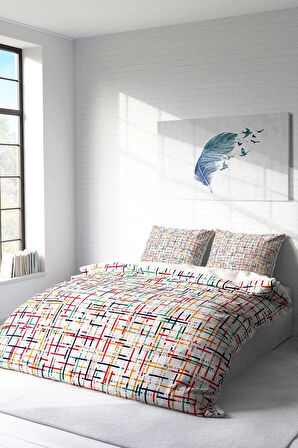 Lastikli Çarşaflı %100 Pamuk Saten Çift Kişilik Nevresim Takımı Colorful Lines