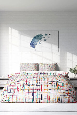 Lastikli Çarşaflı %100 Pamuk Saten Çift Kişilik Nevresim Takımı Colorful Lines