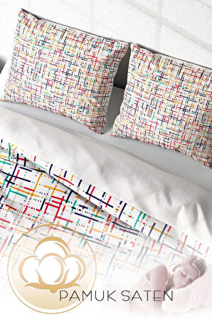 Lastikli Çarşaflı %100 Pamuk Saten Çift Kişilik Nevresim Takımı Colorful Lines