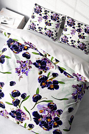 Lastikli Çarşaflı %100 Pamuk Saten Çift Kişilik Nevresim Takımı Purple Flowers