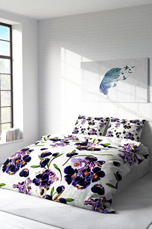 Lastikli Çarşaflı %100 Pamuk Saten Çift Kişilik Nevresim Takımı Purple Flowers