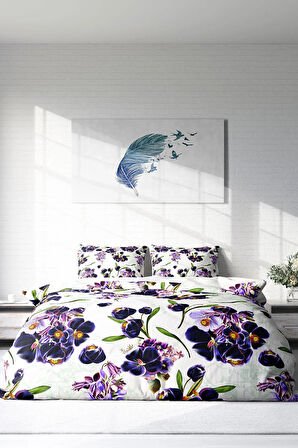 Lastikli Çarşaflı %100 Pamuk Saten Çift Kişilik Nevresim Takımı Purple Flowers