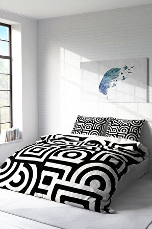 Lastikli Çarşaflı %100 Pamuk Saten Çift Kişilik Nevresim Takımı Geometric Mixed