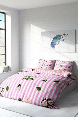 Lastikli Çarşaflı %100 Pamuk Saten Çift Kişilik Nevresim Takımı Scattered Roses