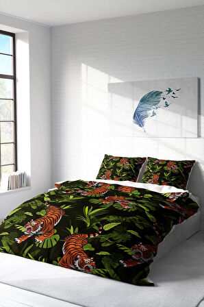 Lastikli Çarşaflı %100 Pamuk Saten Çift Kişilik Nevresim Takımı Tigers