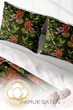 Lastikli Çarşaflı %100 Pamuk Saten Çift Kişilik Nevresim Takımı Tigers