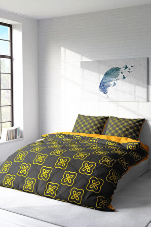 Lastikli Çarşaflı %100 Pamuk Saten Çift Kişilik Nevresim Takımı Yellow Mosaic