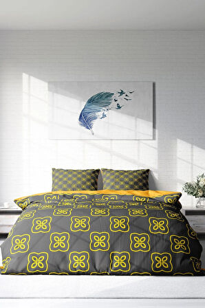 Lastikli Çarşaflı %100 Pamuk Saten Çift Kişilik Nevresim Takımı Yellow Mosaic