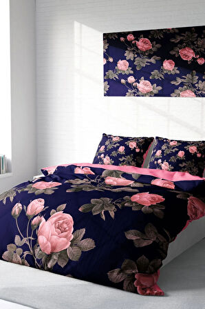 Lastikli Çarşaflı %100 Pamuk Saten Çift Kişilik Nevresim Takımı Noble Pink Roses