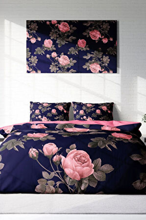 Lastikli Çarşaflı %100 Pamuk Saten Çift Kişilik Nevresim Takımı Noble Pink Roses