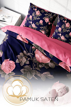Lastikli Çarşaflı %100 Pamuk Saten Çift Kişilik Nevresim Takımı Noble Pink Roses