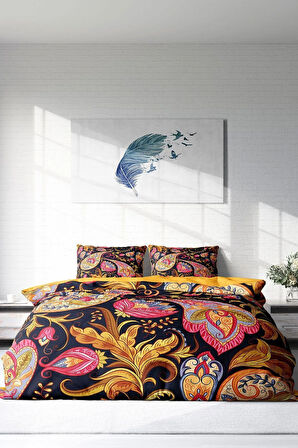 Lastikli Çarşaflı %100 Pamuk Saten Çift Kişilik Nevresim Takımı Indian