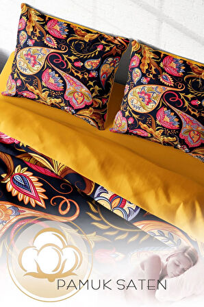 Lastikli Çarşaflı %100 Pamuk Saten Çift Kişilik Nevresim Takımı Indian