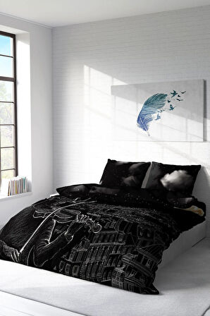 Lastikli Çarşaflı %100 Pamuk Saten Çift Kişilik Nevresim Takımı Night City