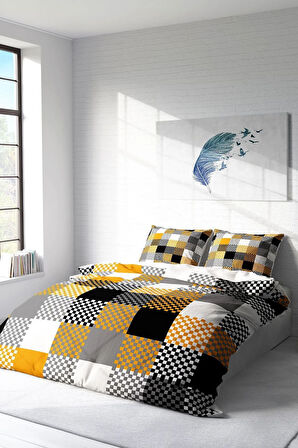 Lastikli Çarşaflı %100 Pamuk Saten Çift Kişilik Nevresim Takımı Checkers Gray