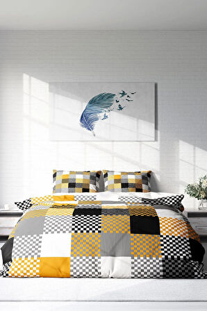 Lastikli Çarşaflı %100 Pamuk Saten Çift Kişilik Nevresim Takımı Checkers Gray