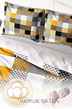 Lastikli Çarşaflı %100 Pamuk Saten Çift Kişilik Nevresim Takımı Checkers Gray