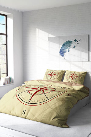 Lastikli Çarşaflı %100 Pamuk Saten Çift Kişilik Nevresim Takımı Compass