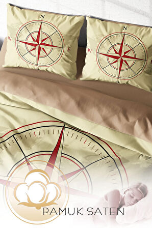 Lastikli Çarşaflı %100 Pamuk Saten Çift Kişilik Nevresim Takımı Compass