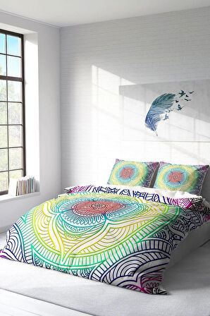 Lastikli Çarşaflı %100 Pamuk Saten Çift Kişilik Nevresim Takımı Rainbow