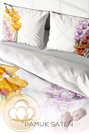 Lastikli Çarşaflı %100 Pamuk Saten Çift Kişilik Nevresim Takımı Orchid