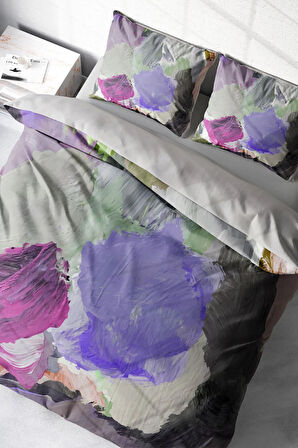 Lastikli Çarşaflı %100 Pamuk Saten Çift Kişilik Nevresim Takımı Brush Strokes