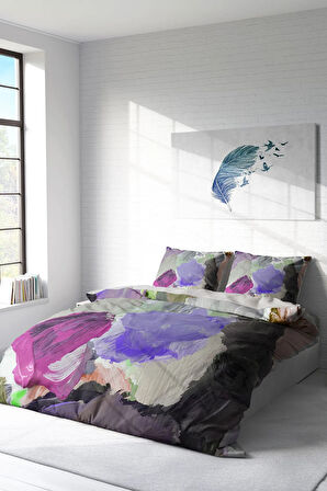 Lastikli Çarşaflı %100 Pamuk Saten Çift Kişilik Nevresim Takımı Brush Strokes
