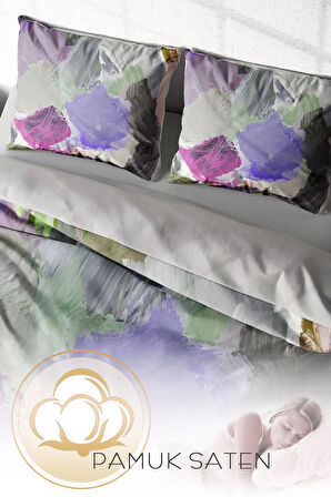 Lastikli Çarşaflı %100 Pamuk Saten Çift Kişilik Nevresim Takımı Brush Strokes