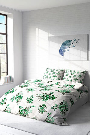 Lastikli Çarşaflı %100 Pamuk Saten Çift Kişilik Nevresim Takımı Green Garden