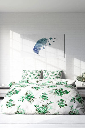 Lastikli Çarşaflı %100 Pamuk Saten Çift Kişilik Nevresim Takımı Green Garden