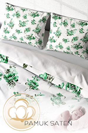 Lastikli Çarşaflı %100 Pamuk Saten Çift Kişilik Nevresim Takımı Green Garden