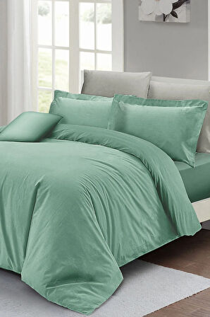 Lastikli Çarşaflı Çift Kişilik Nevresim Takımı Su Yeşili Lux Pamuk