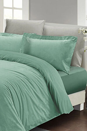 Lastikli Çarşaflı Çift Kişilik Nevresim Takımı Su Yeşili Lux Pamuk