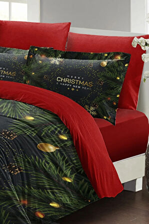 Yılbaşı Nevresim Takımı (Lastikli Çarşaflı) Çift Kişilik %100 Pamuk Saten Pine