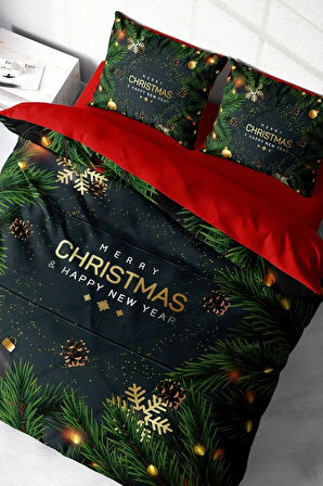 Yılbaşı Nevresim Takımı (Lastikli Çarşaflı) Çift Kişilik %100 Pamuk Saten Pine