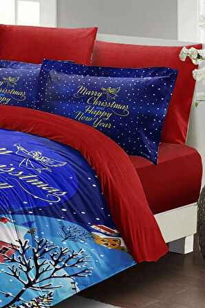 Yılbaşı Nevresim Takımı (Lastikli Çarşaflı) Çift Kişilik %100 Pamuk Saten Snow Noel