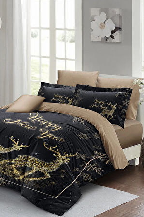 Yılbaşı Nevresim Takımı (Lastikli Çarşaflı) Çift Kişilik %100 Pamuk Saten Noel