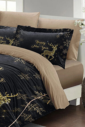 Yılbaşı Nevresim Takımı (Lastikli Çarşaflı) Çift Kişilik %100 Pamuk Saten Noel