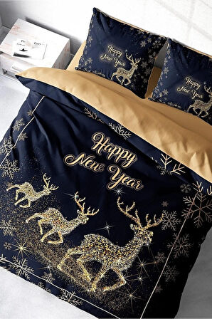 Yılbaşı Nevresim Takımı (Lastikli Çarşaflı) Çift Kişilik %100 Pamuk Saten Noel