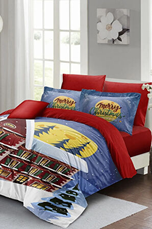 Yılbaşı Nevresim Takımı (Lastikli Çarşaflı) Çift Kişilik %100 Pamuk Saten House Noel