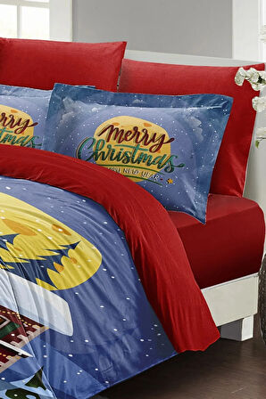 Yılbaşı Nevresim Takımı (Lastikli Çarşaflı) Çift Kişilik %100 Pamuk Saten House Noel