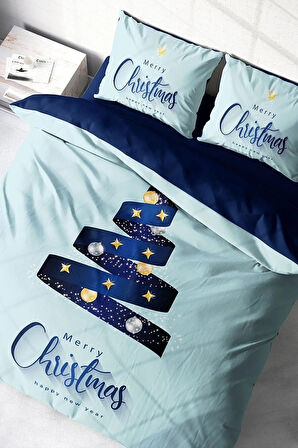 Yılbaşı Nevresim Takımı (Lastikli Çarşaflı) Çift Kişilik %100 Pamuk Saten Blue Noel