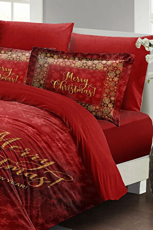 Yılbaşı Nevresim Takımı (Lastikli Çarşaflı) Çift Kişilik %100 Pamuk Saten Red Christmas