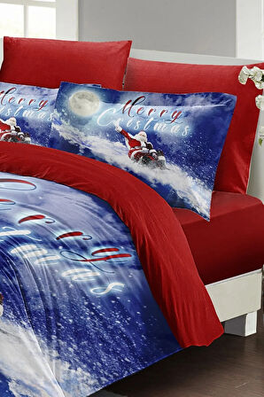 Yılbaşı Nevresim Takımı (Lastikli Çarşaflı) Çift Kişilik %100 Pamuk Saten Blue Noel