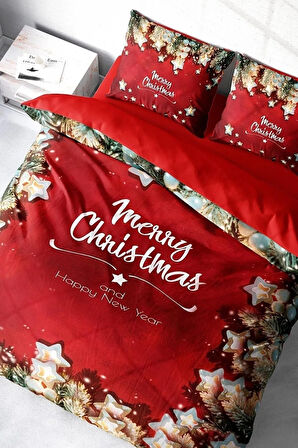 Yılbaşı Nevresim Takımı (Lastikli Çarşaflı) Çift Kişilik %100 Pamuk Saten Stars Noel
