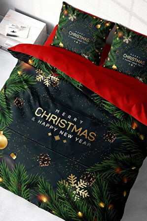 Yılbaşı Nevresim Takımı (Lastikli Çarşaflı) Çift Kişilik %100 Pamuk Saten Blue Noel