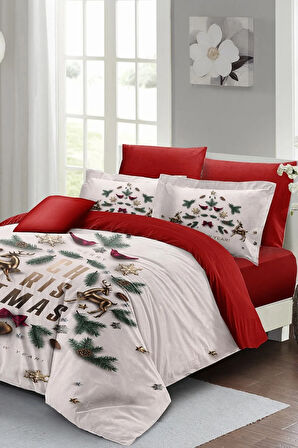 Yılbaşı Nevresim Takımı (Lastikli Çarşaflı) Çift Kişilik %100 Pamuk Saten White Noel