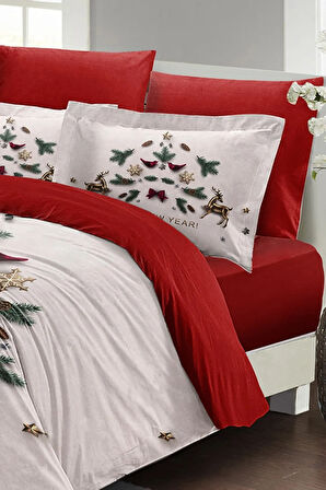 Yılbaşı Nevresim Takımı (Lastikli Çarşaflı) Çift Kişilik %100 Pamuk Saten White Noel