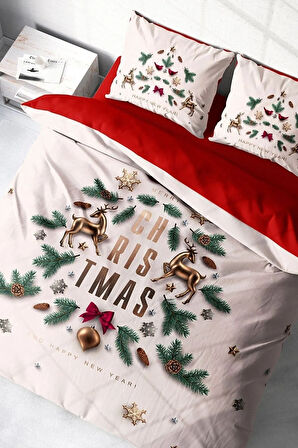 Yılbaşı Nevresim Takımı (Lastikli Çarşaflı) Çift Kişilik %100 Pamuk Saten White Noel