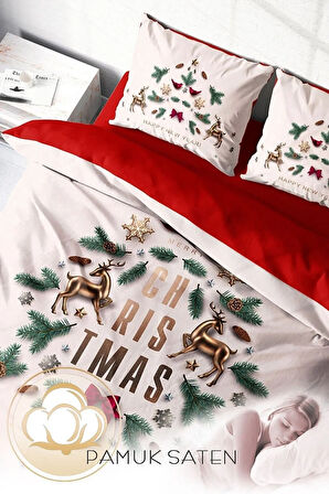 Yılbaşı Nevresim Takımı (Lastikli Çarşaflı) Çift Kişilik %100 Pamuk Saten White Noel